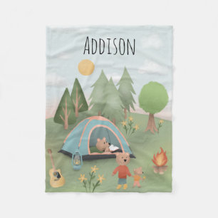 Boys Cute Campfire Blue Forest Bear Kids Camping Fleece Blanket