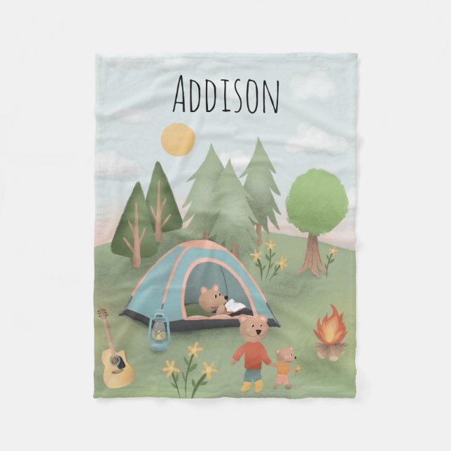 Boys Cute Campfire Blue Forest Bear Kids Camping Fleece Blanket (Front)