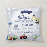 Boys Cute Car Aeroplane Name Baby Boy Birth Stats Cushion<br><div class="desc">This cute blue custom kids throw pillow design features a blue cartoon transport pattern, with cars, pickup trucks, trains, aeroplanes, diggers, tractors and helicopters. There is also space for you to add your boys name and birth stats, including date of birth, weight and height at birth, place and time of...</div>