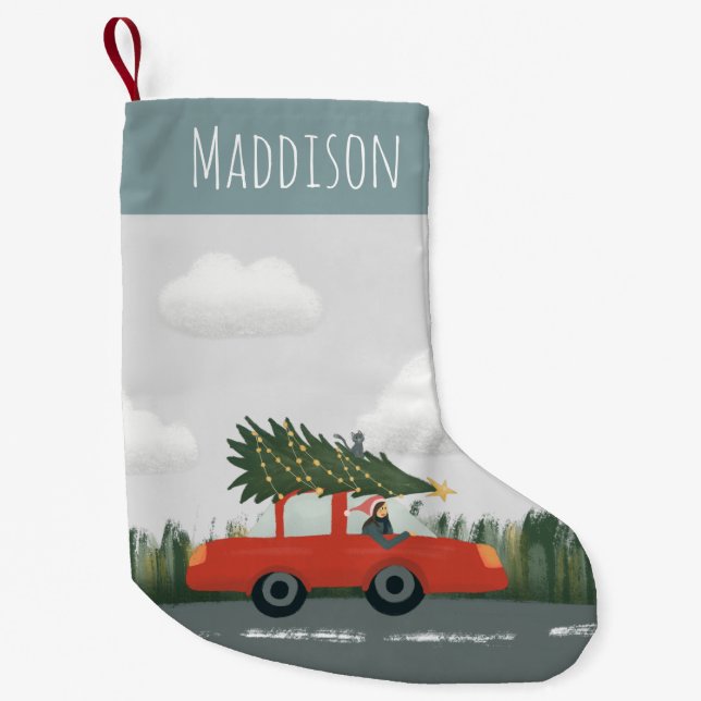 Boys Cute Christmas Tree Car and Cat Kids Small Christmas Stocking (Front)