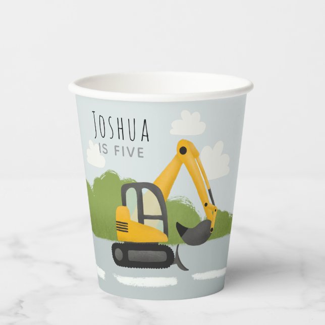 Boys Cute Construction Digger Kids Birthday Paper Cups (Front)