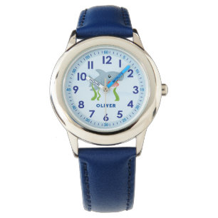 Boys Cute Custom Name Blue Ocean Shark Kids Watch