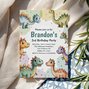 Boys Cute Dinosaur 3rd Birthday Invitation