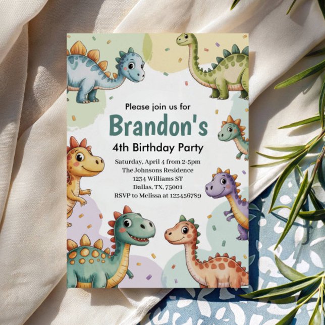 Boys Cute Dinosaur 4th Birthday Invitation (Creator Uploaded)
