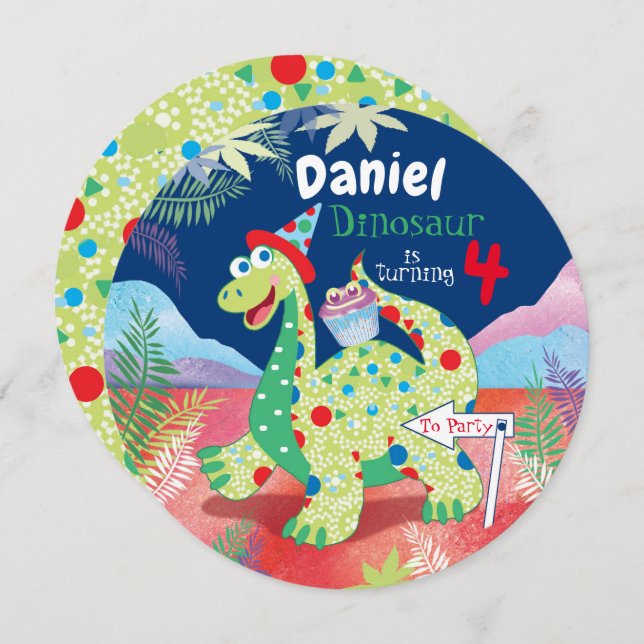 Boys Cute Dinosaur, 4th Birthday Party Invitation (Front/Back)