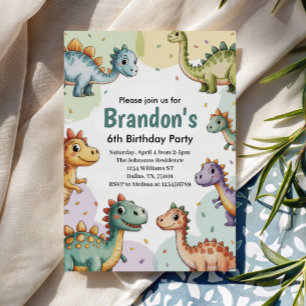 Boys Cute Dinosaur 6th Birthday Invitation
