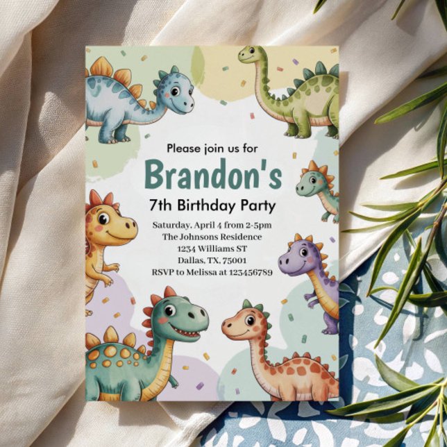 Boys Cute Dinosaur 7th Birthday Invitation (Creator Uploaded)