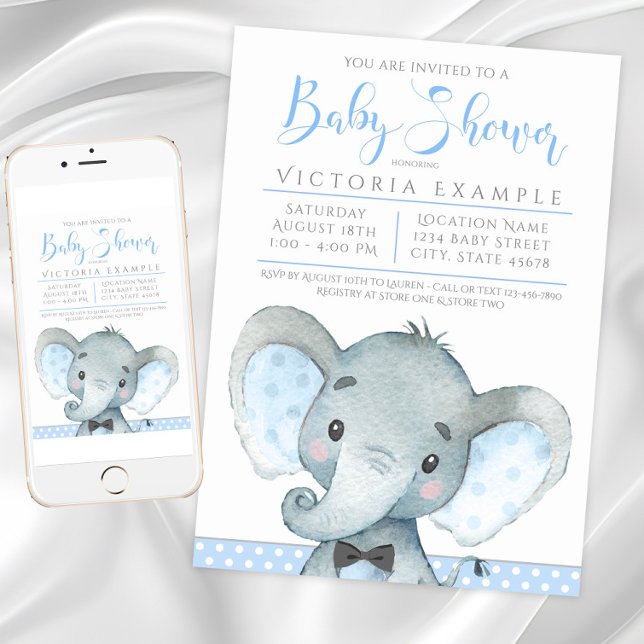 Boys Cute Elephant Baby Shower Invitations (Cute boy elephant baby shower invitation. Instant download and printed invitations available.)