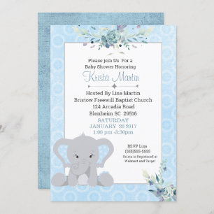 Boys Cute Elephant Floral Baby Shower Invitation
