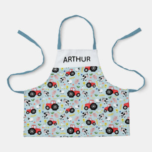 Boys Cute Farm Animal Pattern and Red Tractor Kids Apron