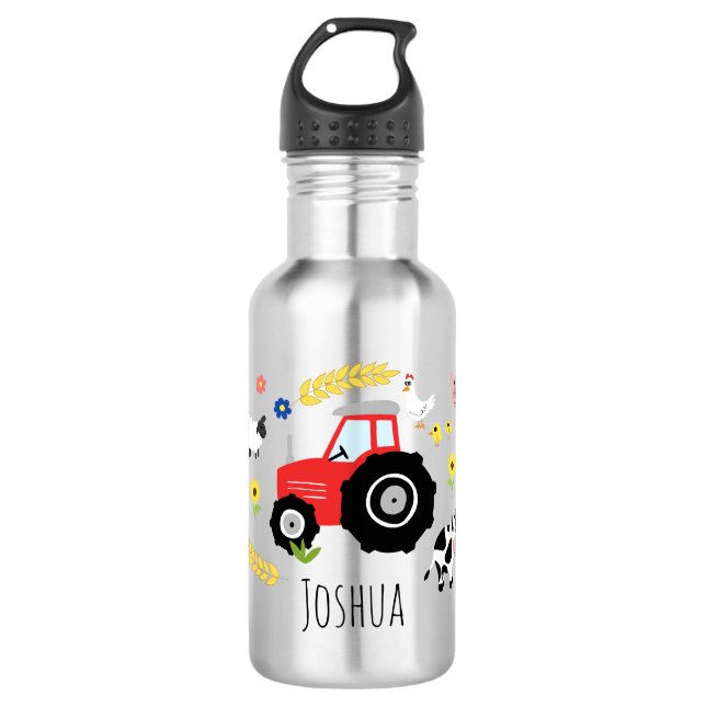 Boys Cute Farm Animal Tractor and Name 532 Ml Water Bottle (Front)
