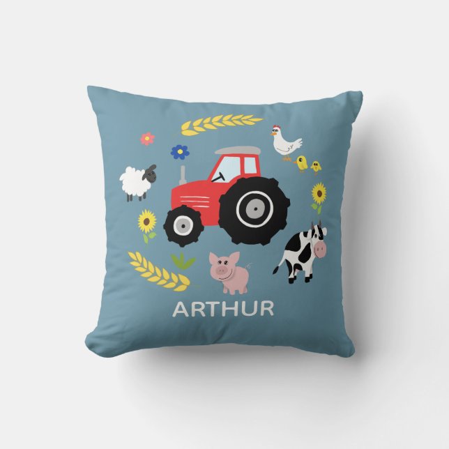 Boys Cute Farm Animal Tractor Name Kids Nursery Cushion (Front)