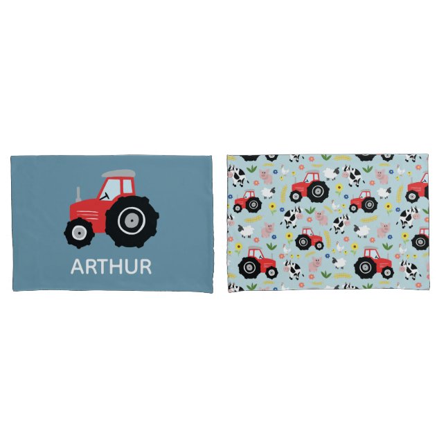 Boys Cute Farm Animal Tractor Pattern Name Kids Pillowcase (Front-Set)