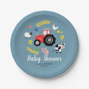 Boys Cute Farm Animals and Red Tractor Baby Shower Paper Plate