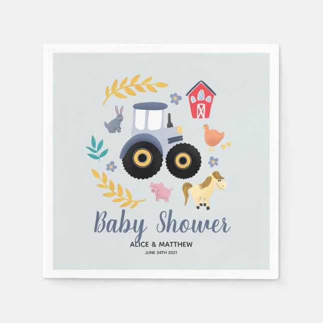 Boys Cute Farm Animals & Blue Tractor Baby Shower Napkin (Front)