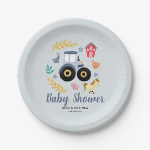 Boys Cute Farm Animals & Blue Tractor Baby Shower Paper Plate