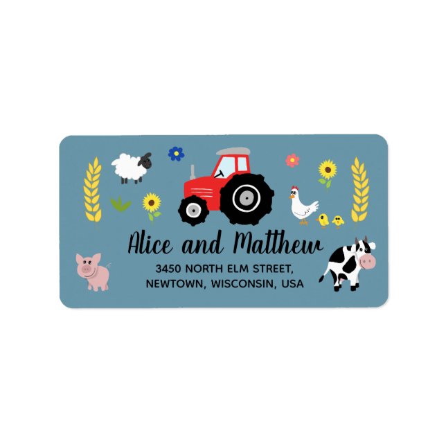 Boys Cute Farm Animals Red Tractor Baby Shower Label (Front)