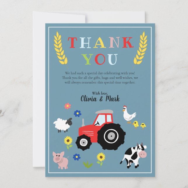 Boys Cute Farm Animals Tractor Baby Shower Thank You Card (Front)