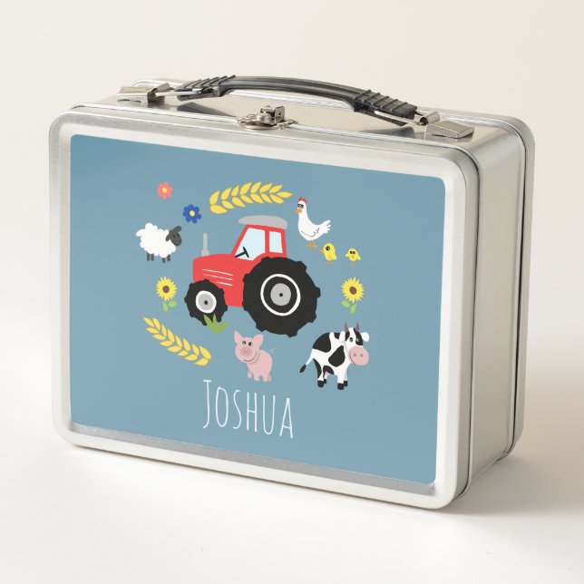 Boys Cute Farm Tractor and Animals Toddler Kids Metal Lunch Box (Front)