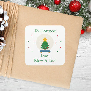 Boys Cute Festive Snow Globe Custom Holiday Square Sticker