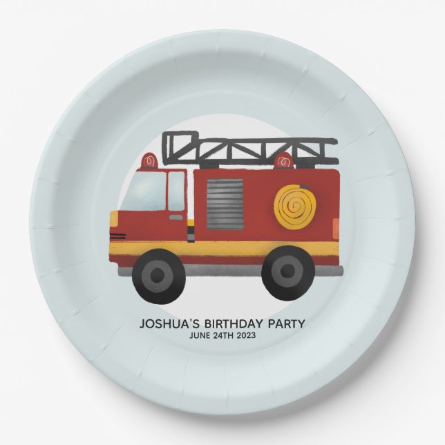Boys Cute Fire Engine Truck Toddler Happy Birthday Paper Plate (Front)