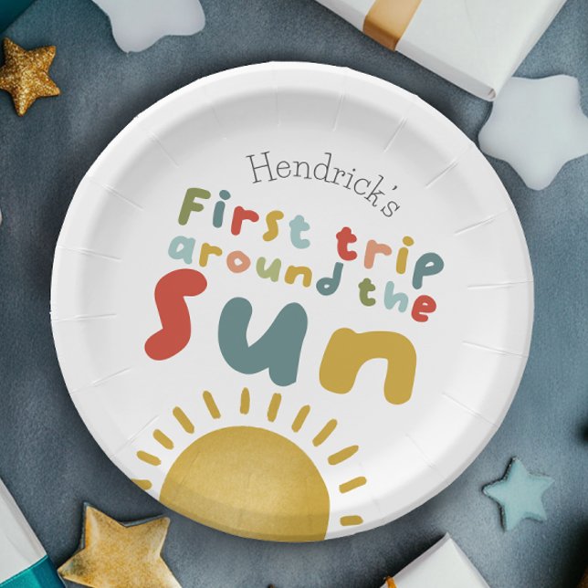 Boys Cute First Trip Around The Sun 1st Birthday Paper Plate (Creator Uploaded)