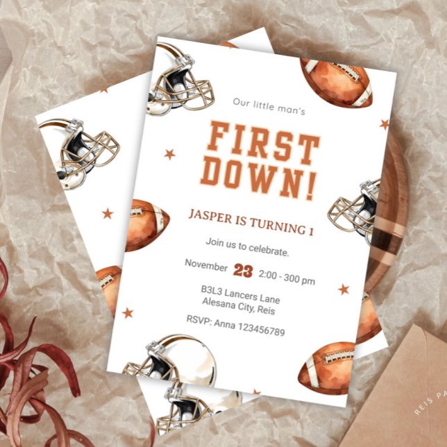 Boys Cute Football Sports Kids 1st Birthday Invitation (First Down Birthday Evite, Editable Football Invitation, 1st Birthday Digital Invite, Instant Downlo)