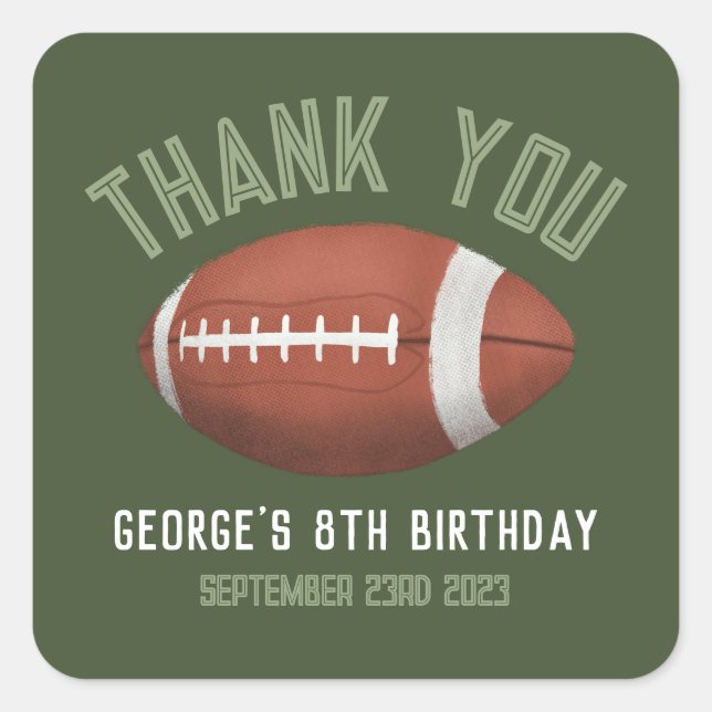 Boys Cute Football Sports Thank You Kids Birthday Square Sticker (Front)