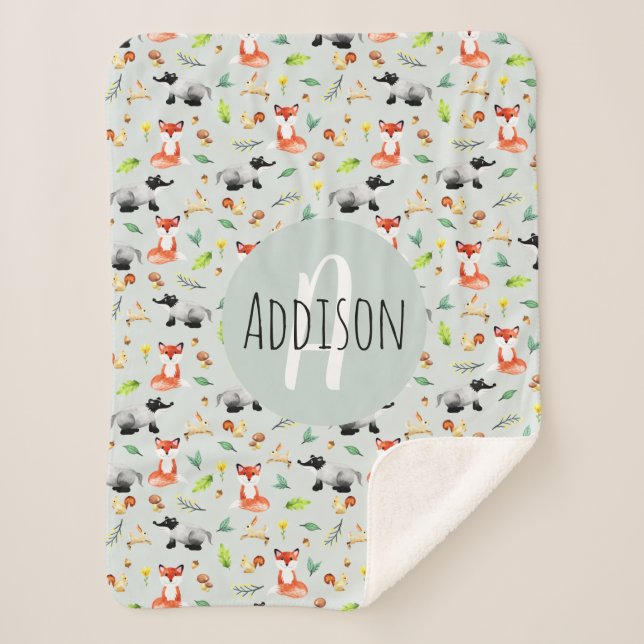 Boys Cute Forest Animal Pattern Fox & Name Kids Sherpa Blanket (Front)