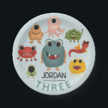 Boys Cute Fun Monster Kids Birthday Party Paper Plate<br><div class="desc">This cute,  fun and modern kids birthday party paper plate design features eight unique and colorful monster aliens,  and can be personalized with your child’s name. The perfect monster themed addition to your child’s third birthday party (can be edited for any age).</div>