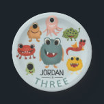 Boys Cute Fun Monster Kids Birthday Party Paper Plate<br><div class="desc">This cute,  fun and modern kids birthday party paper plate design features eight unique and colorful monster aliens,  and can be personalized with your child’s name. The perfect monster themed addition to your child’s third birthday party (can be edited for any age).</div>