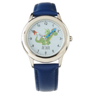 Boys Cute Green Dragon Cartoon & Name Kids Watch