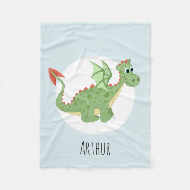 Boys Cute Green Dragon Cartoon with Name Kids Fleece Blanket (Front)