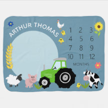 Boys Cute Green Farm Tractor and Name Milestone