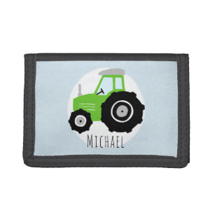 Boys Cute Green Farm Tractor with Name Kids Trifold Wallet