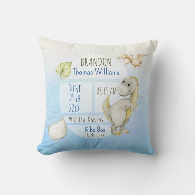 Boys Cute Green T-Rex Keepsake Birth Stats Cushion (Front)