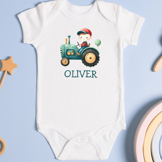 Boys' Cute Green Tractor Personalised Baby Bodysuit (Creator Uploaded)