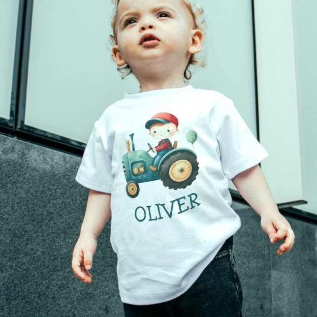 Boys' Cute Green Tractor Personalised Baby T-Shirt (Creator Uploaded)