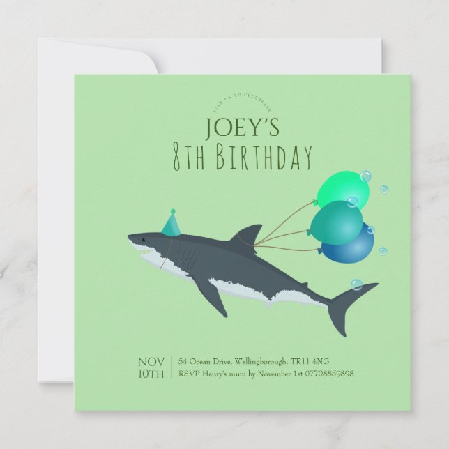 Boys cute green under the sea great white shark invitation (Front)