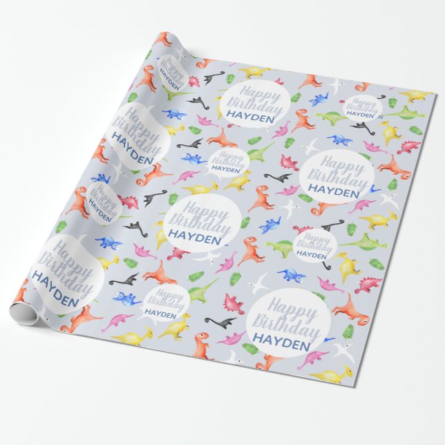Boys Cute Happy Birthday Dinosaurs Kids Wrapping Paper (Unrolled)