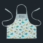 Boys Cute Modern Blue Dinosaur Pattern Apron<br><div class="desc">This cute and modern kids apron features a dinosaur cartoon pattern,  with a t-rex,  stegosaurus,  and Jurassic jungle plants,  and can be personalised with your boys name. The perfect dinosaur-themed gift for your toddler or child!</div>
