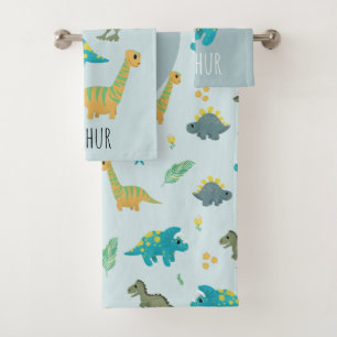 Boys Cute Modern Blue Dinosaur Pattern Kids Bath Towel Set