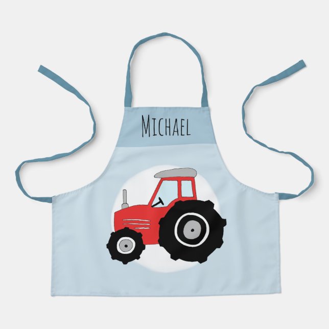 Boys Cute Modern Blue Farm Tractor & Name Kids Apron (Front)