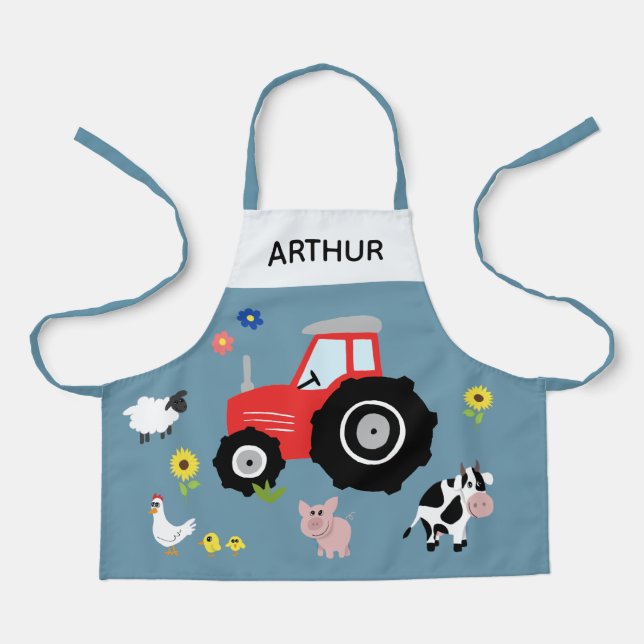 Boys Cute Modern Farm Animal Tractor & Name Kids Apron (Front)