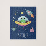 Boys Cute Modern Space Alien Cartoon & Name Kids Jigsaw Puzzle<br><div class="desc">This cute and modern kids puzzle features a space alien cartoon,  with a rocket ship,  aliens,  stars and moon,  and can be personalised with your boys name. The perfect blue space themed gift for any space lover.</div>