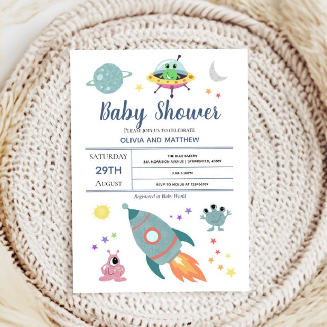 Boys Cute Modern Space Alien Rocket Baby Shower Invitation (Creator Uploaded)
