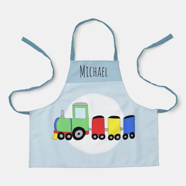 Boys Cute Modern Train & Name Kids Apron (Front)