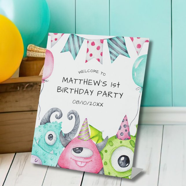 Boys Cute Monster Birthday Welcome  Pedestal Sign (Creator Uploaded)