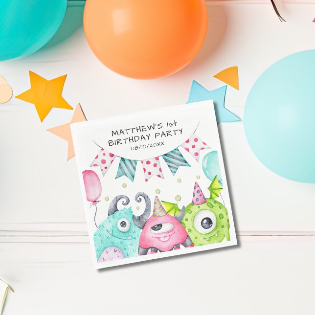 Boys Cute Monsters Personalised Birthday Party Napkin (Creator Uploaded)