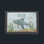 Boy's Cute Ocean Shark and Name Kids Trifold Wallet<br><div class="desc">This cool kids wallet design features a shark cartoon with fish and seaweed and can be personalised with your boy's name. Perfect as a young ocean lover's first wallet! Check out our store for other fun sea-themed items.</div>